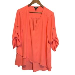 Alfani Women Tunic Top 18W Orange Layered Hem Roll‎ Tab Sleeve Office Travel